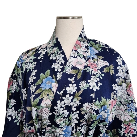 WOMEN'S YUKATA ROBE JAPANESE SUMMER KIMONO CHERRY BLOSSOM NAVY OS - Picture 5 of 13